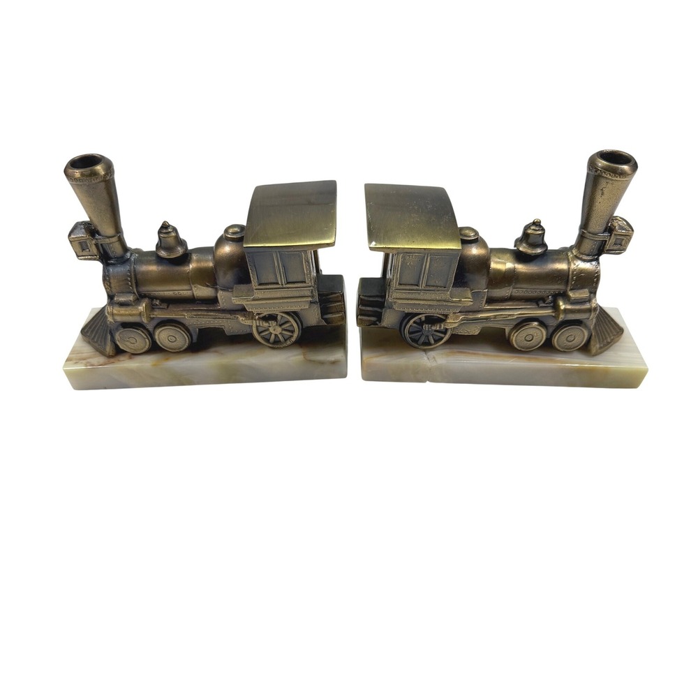 Vintage New Diamond Train‎ Bookends Brass Locomotive Marble Base Set